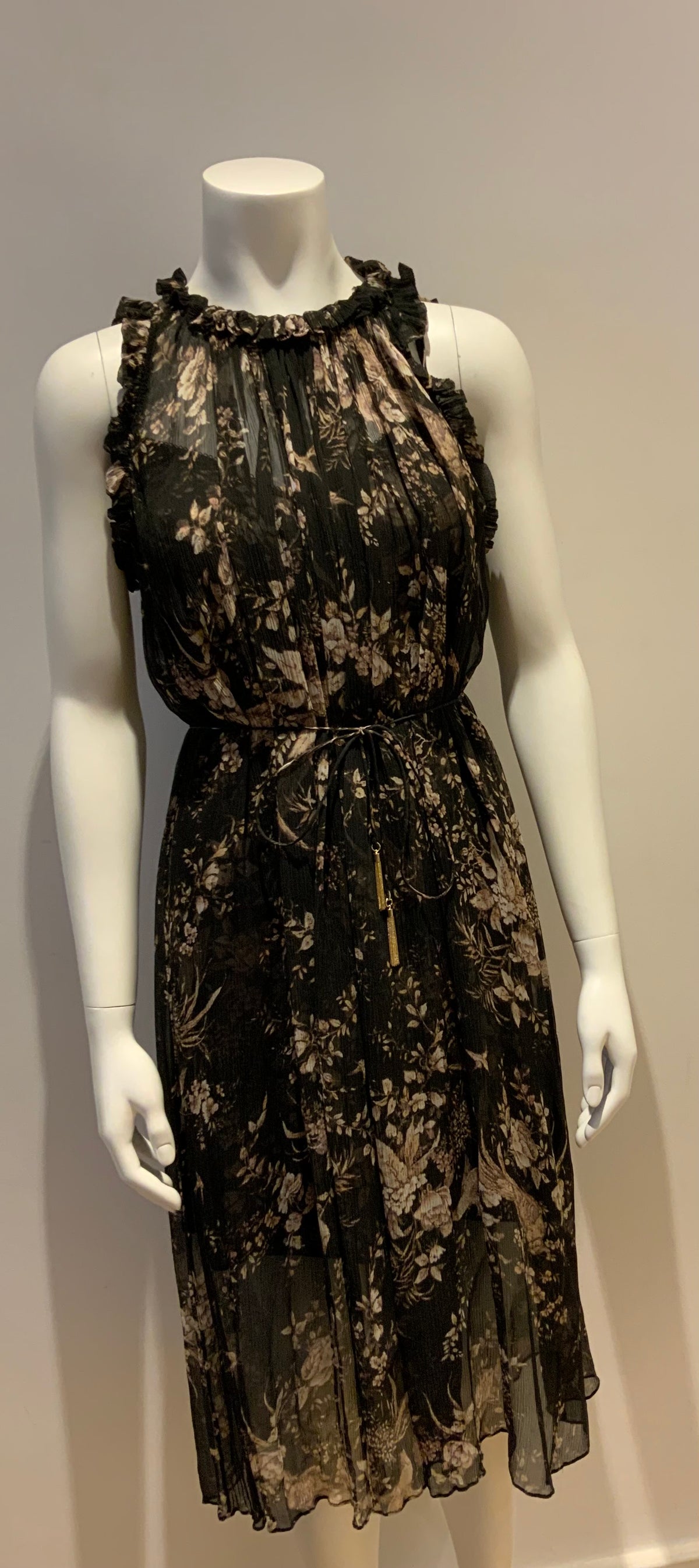 ZIMMERMANN MAPLES RUFFLE NECK Silk Birds Midi Dress Size 0 XS ladies