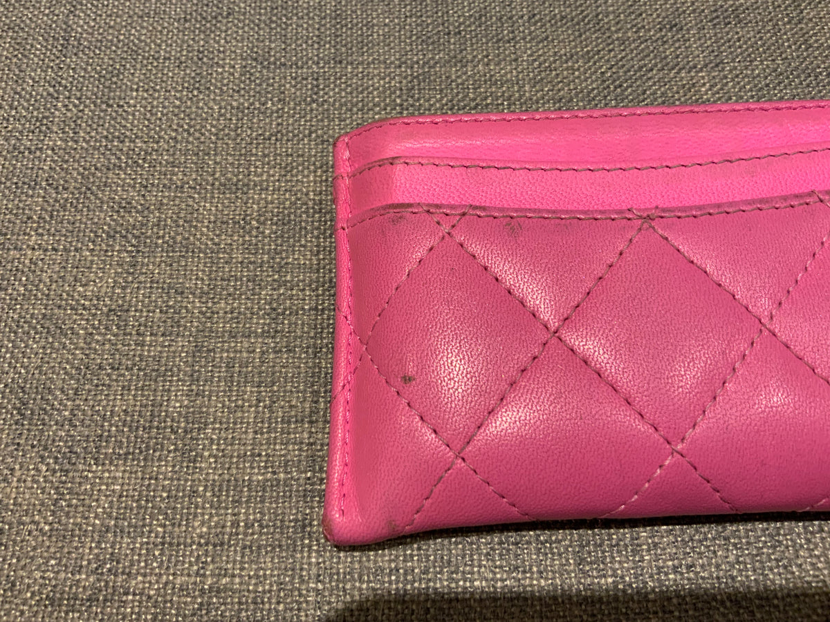 CHANEL Lambskin Quilted 2021 Neon Pink CC Logo Card Holder Wallet ladies