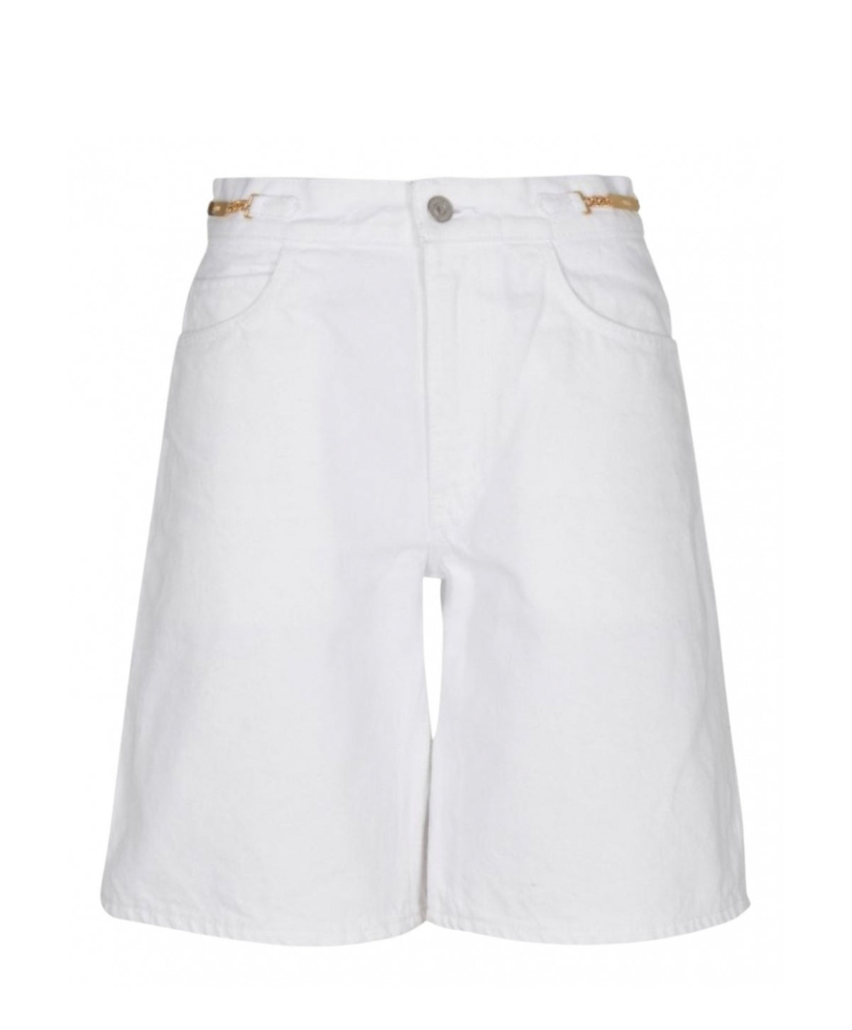 Celine White Denim High Waist Bermuda Shorts with Celine Gold Logo Chain ladies