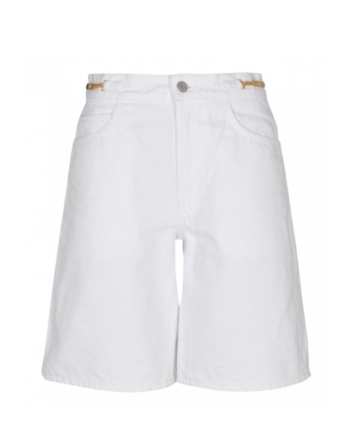 Celine White Denim High Waist Bermuda Shorts with Celine Gold Logo Chain ladies