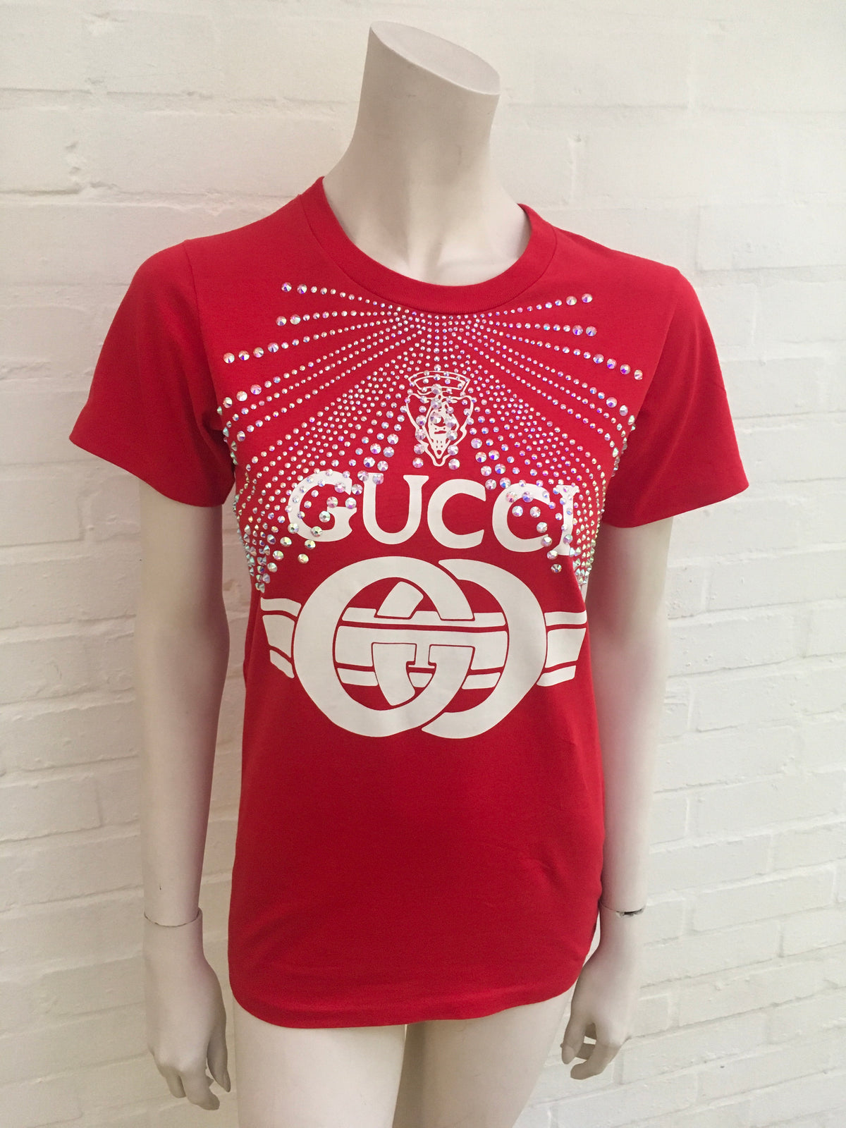 Gucci Red Swarovski Crystal-Embellished Printed T-Shirt Ladies