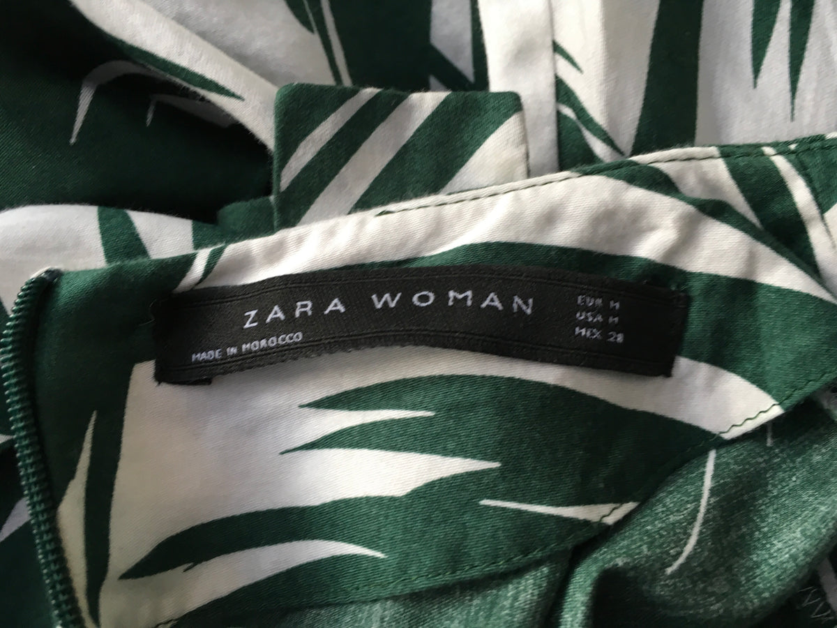 ZARA MOST WANTED ECRU GREEN LEAF MIDI TEA DRESS Ladies