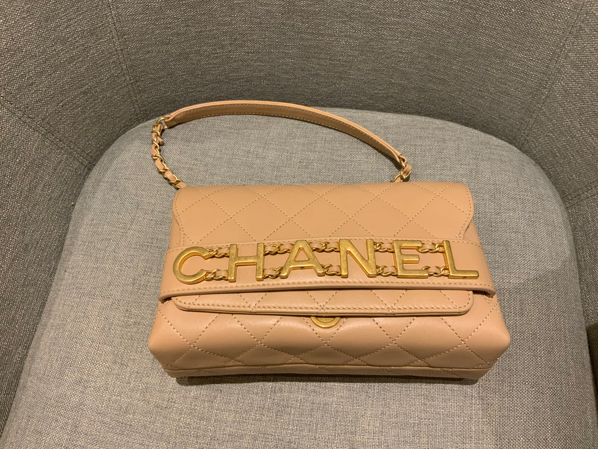 Chanel SOLD OUT Logo Calfskin Quilted Small Enchained Flap Beige Bag Handbag ladies