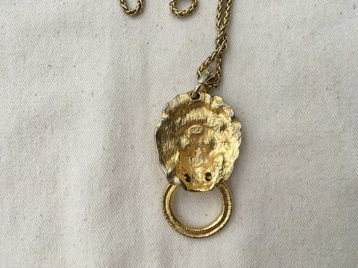 Kenneth Jay Lane Lion Doorknocker Pendant Gold Plated Chain Necklace ladies