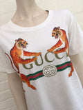 Gucci Tigers Roaring Vintage Look Logo White T-Shirt Size XXS ladies