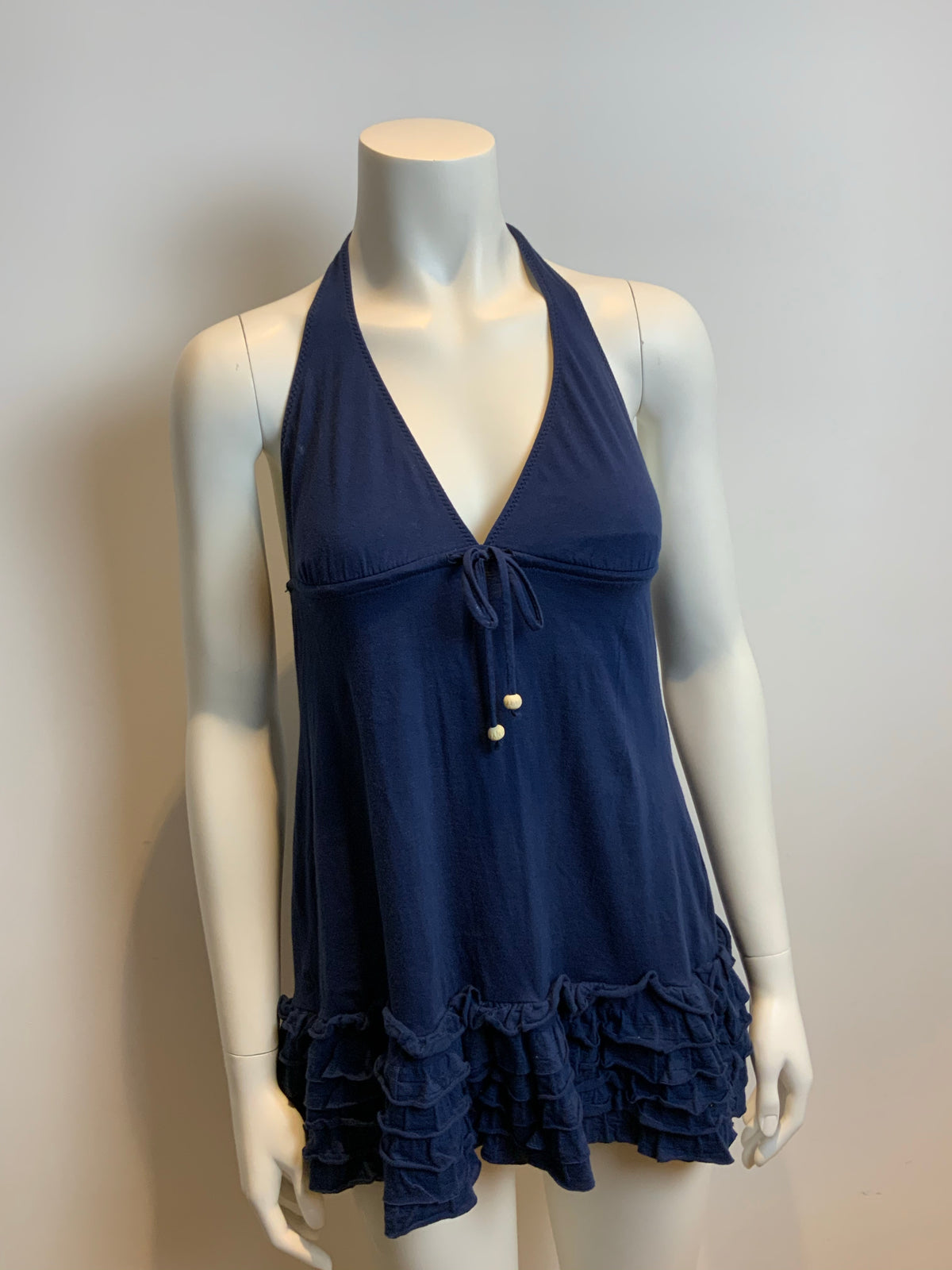 Ralph Lauren Navy Blue Cotton Halter Top Ruffles Hem Dress Cover Up Size S Small ladies