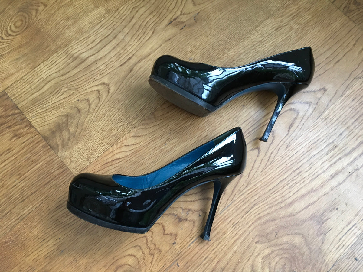 YVES SAINT LAURENT YSL Patent Tribute Two Platform Pumps Shoes LADIES