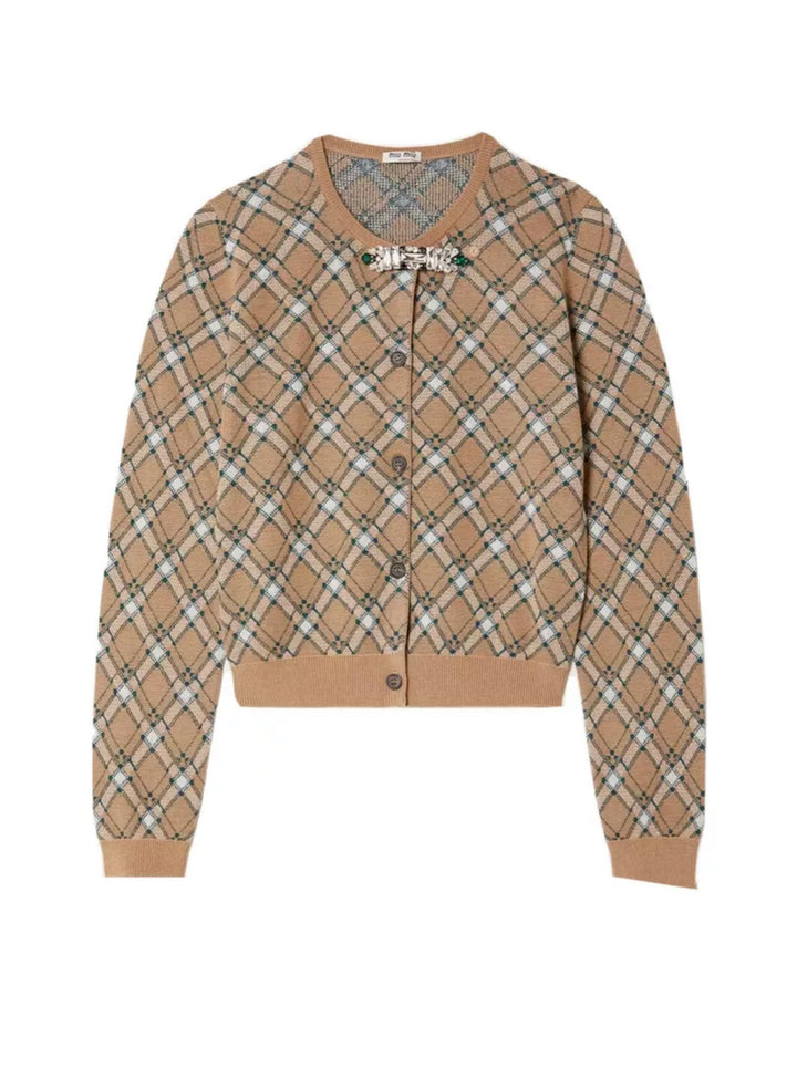 MIU MIU 2021 Crystal-embellished checked wool cardigan SIZE XS UK 6 I 38 ladies