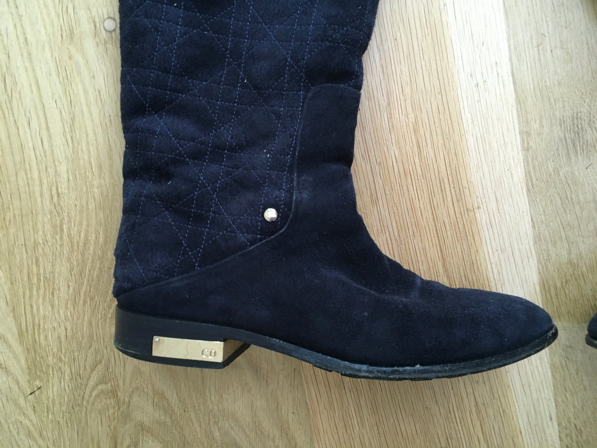 DIOR Navy Suede Leather Shearling Fur Cannage Flat Boots Size 36 UK 3 US 6 ladies