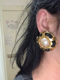 CHANEL SOLD OUT Circa1980' Karl Lagerfeld clip on earrings leather & faux pearl ladies