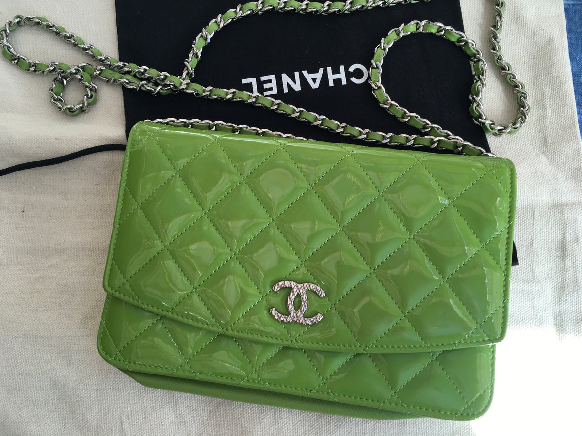 CHANEL Patent Quilted Wallet On Chain WOC Lime Green Bag Handbag Rare Ladies