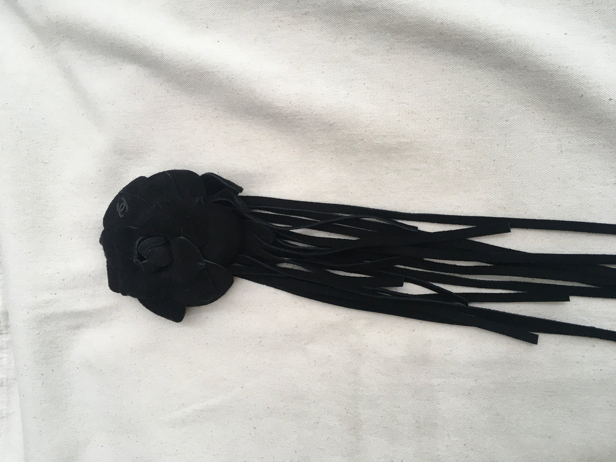 CHANEL CAMELLIA BLACK SUEDE LEATHER FLOWER FRINGE BROOCH PIN 2014 ladies