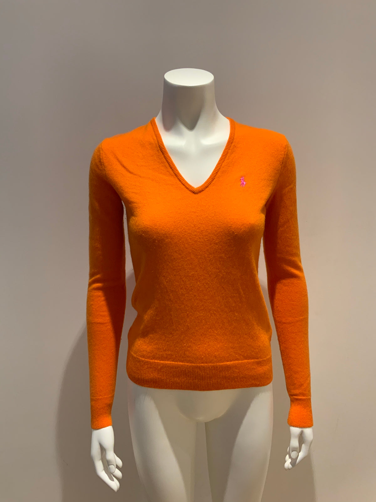 Ralph Lauren Pure Cashmere Neon Orange V neck Jumper Sweater Size M medium ladies