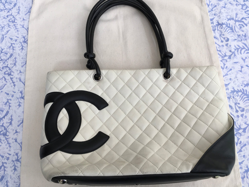 CHANEL Calfskin Quilted Large Cambon Tote White Black Bag Handbag ladi –  Afashionistastore