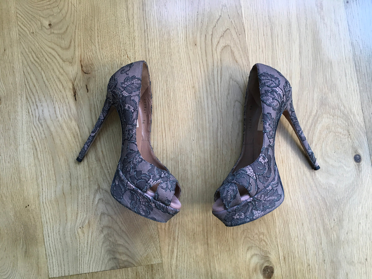 Valentino Women's Black Crystal Lace Platform Pump Shoes Ladies