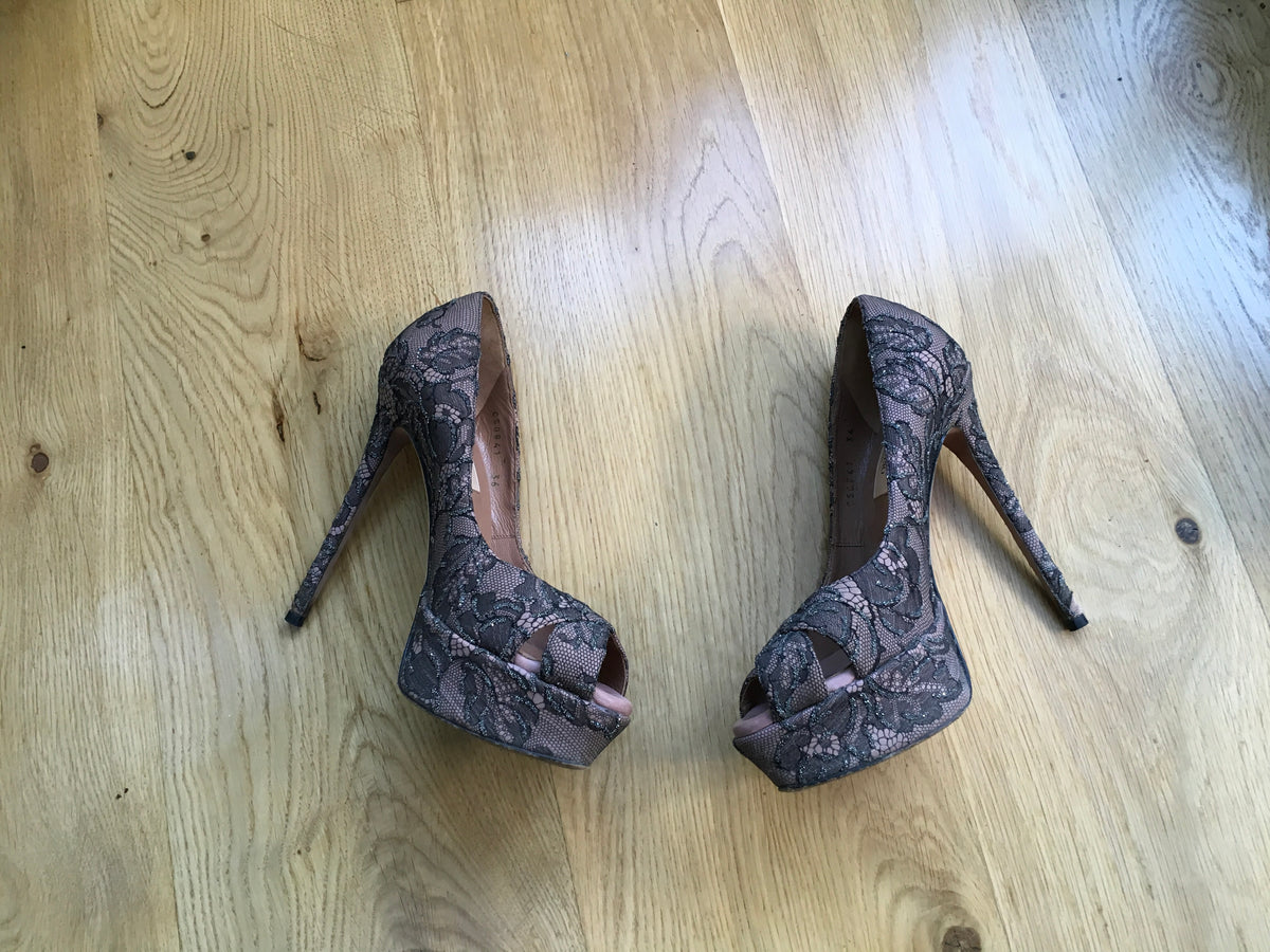 Valentino Women's Black Crystal Lace Platform Pump Shoes Ladies