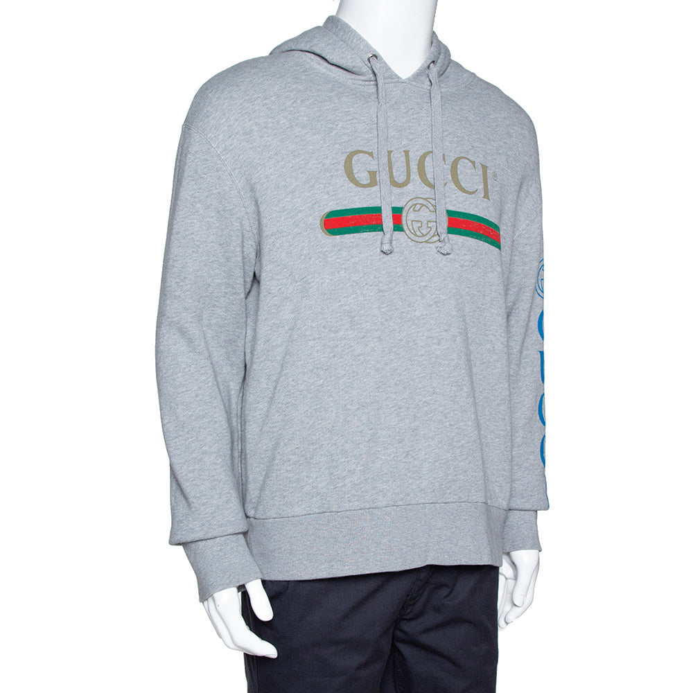 Gucci Unisex Grey Dragon Embroidered And Logo Hooded Sweatshirt Size S small men