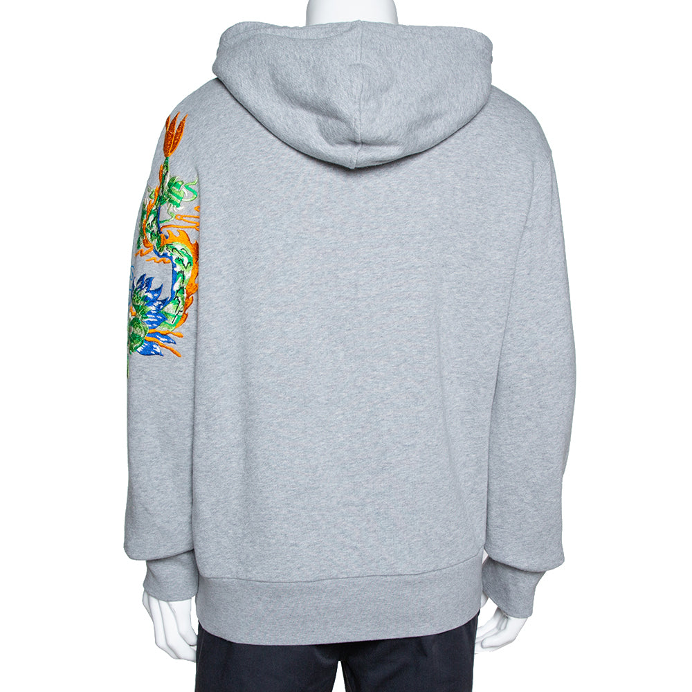 Gucci Unisex Grey Dragon Embroidered And Logo Hooded Sweatshirt Size S small men