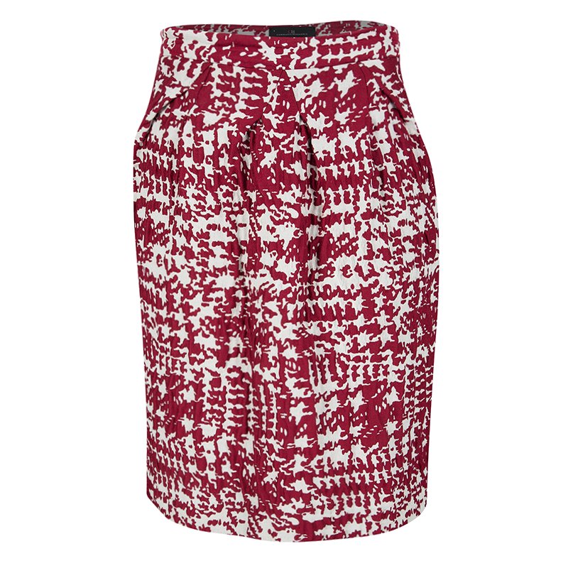 ICONIC CH Carolina Herrera Red and White Textured Jacquard Pencil Skirt US 8 L ladies