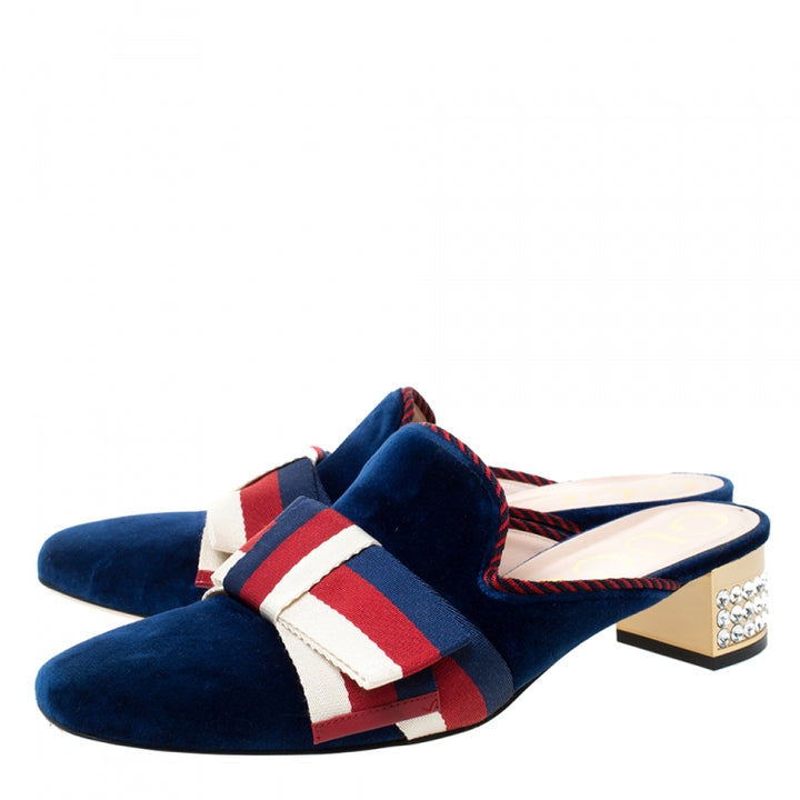 Gucci Velvet Crystal Sylvie Bow Mules Shoes Size 36 UK 3 US 6 ladies