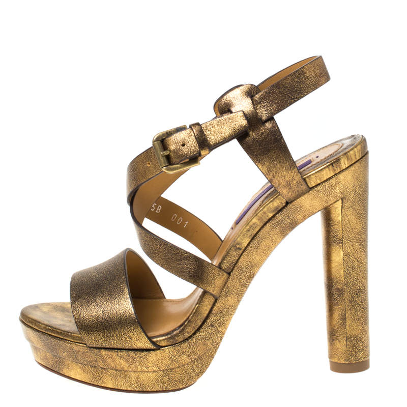 Ralph Lauren Collection Metallic Gold Leather Estrid Platform Ankle Size 39 UK 6 ladies