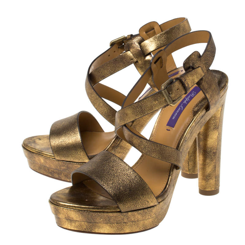 Ralph Lauren Collection Metallic Gold Leather Estrid Platform Ankle Size 39 UK 6 ladies