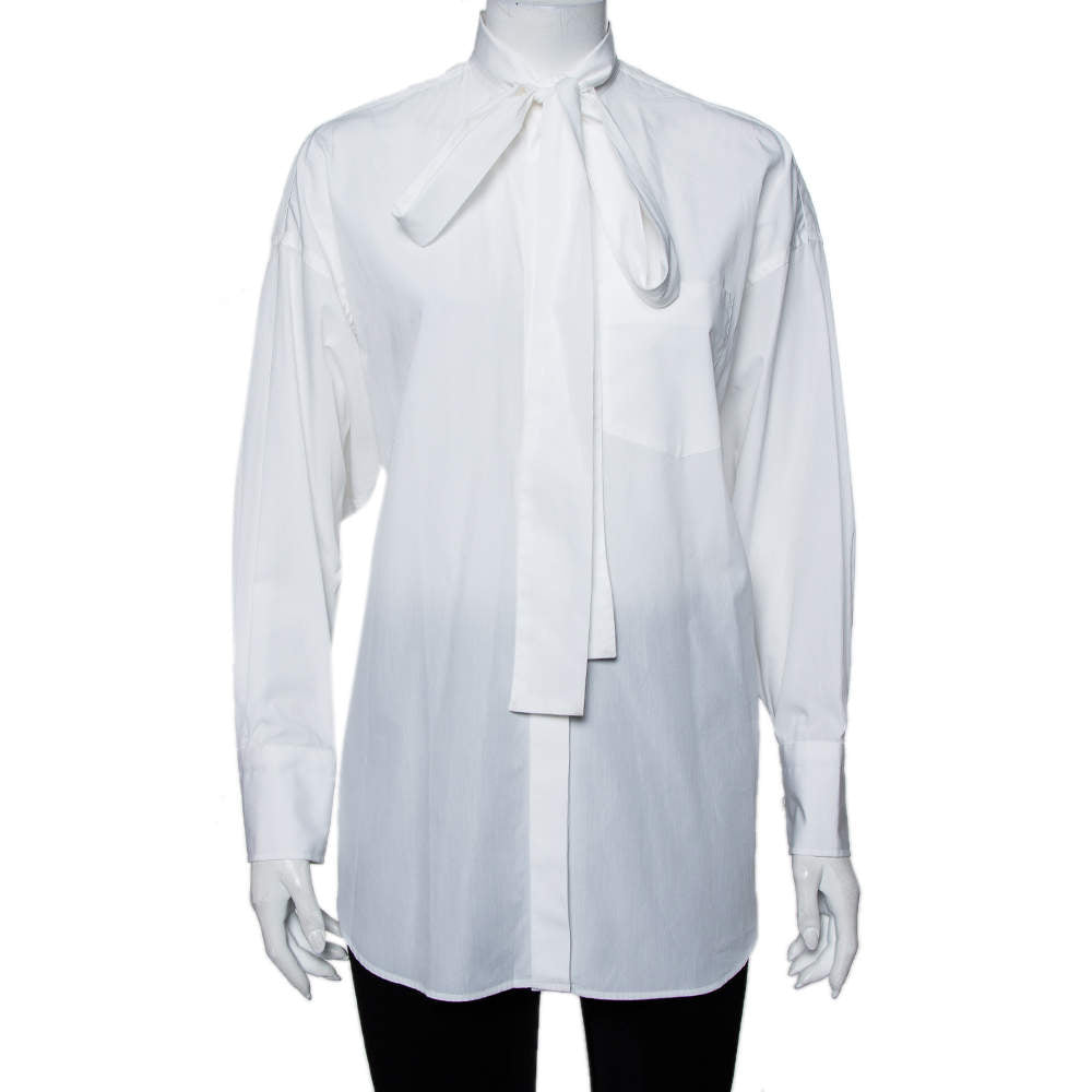 Valentino White Cotton Neck Tie Detail Oversized Tunic Shirt Size I 42 UK 10 US6 ladies