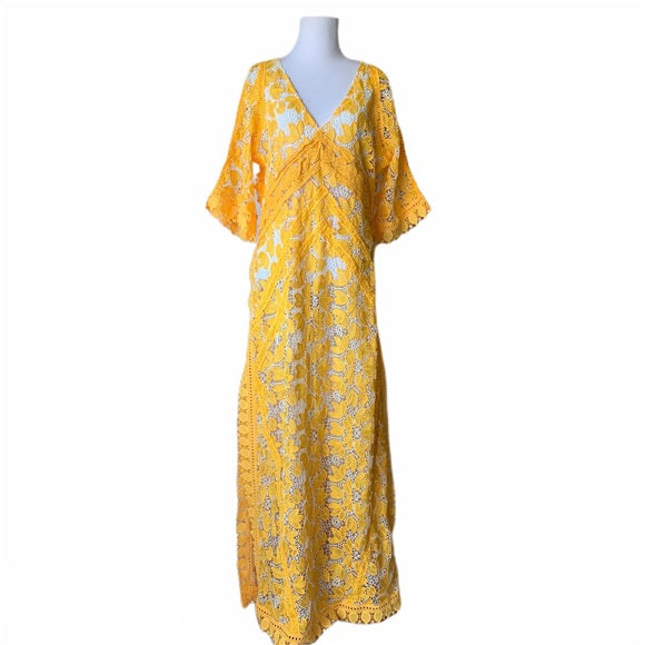 OSHOPLIVE lace yellow Bohemian dress kaftan Size S small ladies