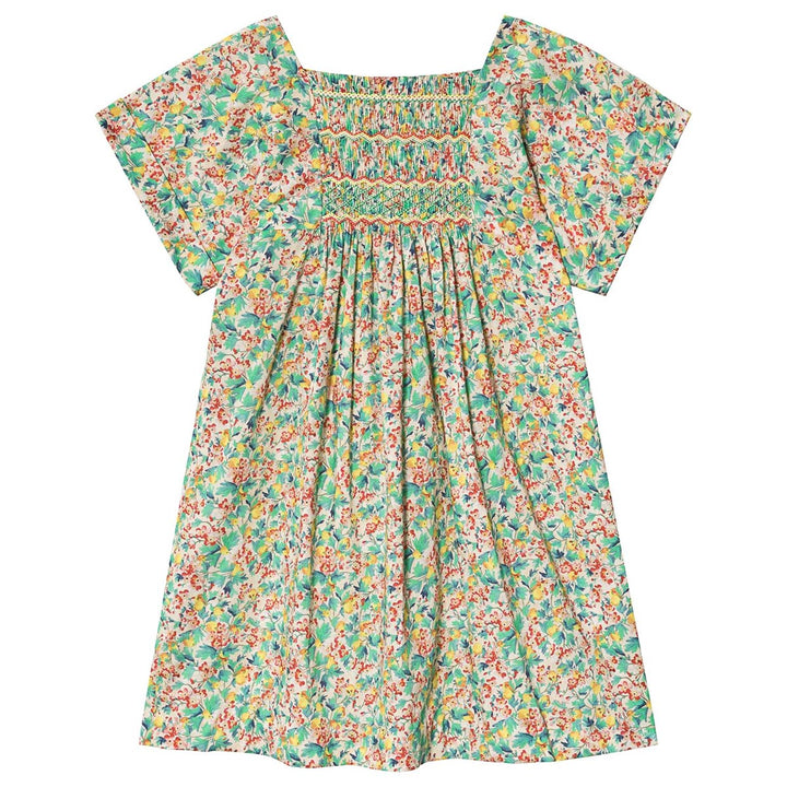 BONPOINT Green and Pink Floral Liberty Print Hand Embroidered Dress Size 4 years