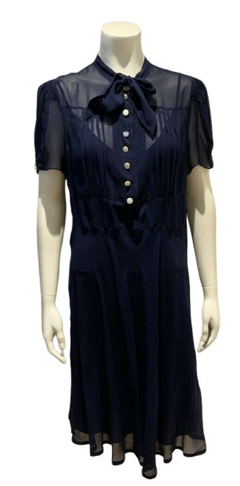 Ralph Lauren Silk Midi Navy Pussy Bow Dress Size US 14 UK 16-18 ladies