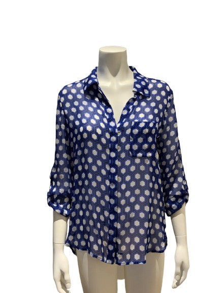 Diane Von Furstenberg 100% Silk Blouse Navy Blue Button discount Up Shirt Top Lorelei 6