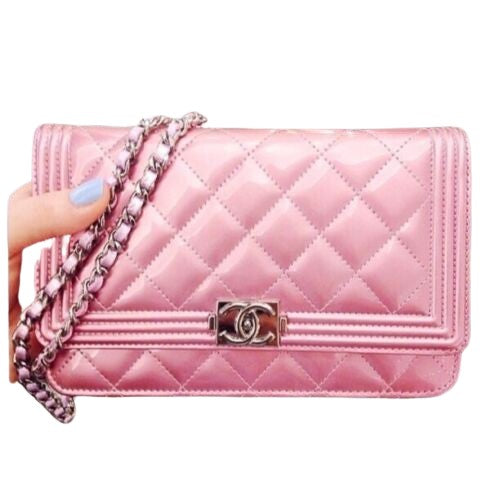 CHANEL Metallic Pink Quilted Patent Leather Boy Flap Bag WOC Wallet on Chain ladies