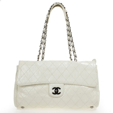Chanel White Quilted Crackled Patent Leather The Ritz Shoulder Bag