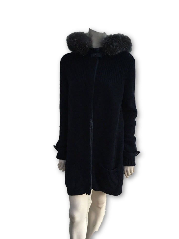 Loro Piana Navy Knit Cashmere Long Cardigan Fox Fur Suede Trim I 42 UK 10 Ladies