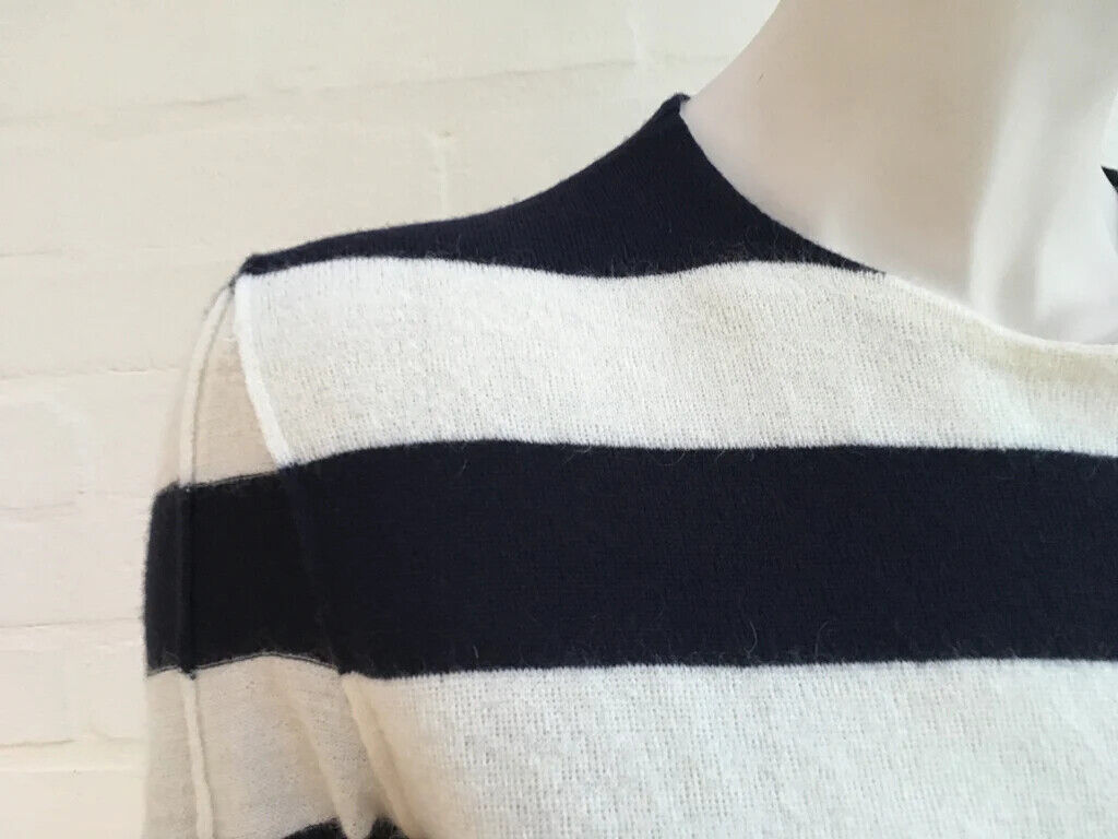 CELINE PHOEBE PHILO CREW NECK NAVY & WHITE INTARSIA STRIPED WOOL DRESS SIZE L large