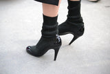 CHANEL BLACK PATENT LEATHER ROUND-TOE SOCK MID-CALF BOOTS SHOES LADIES