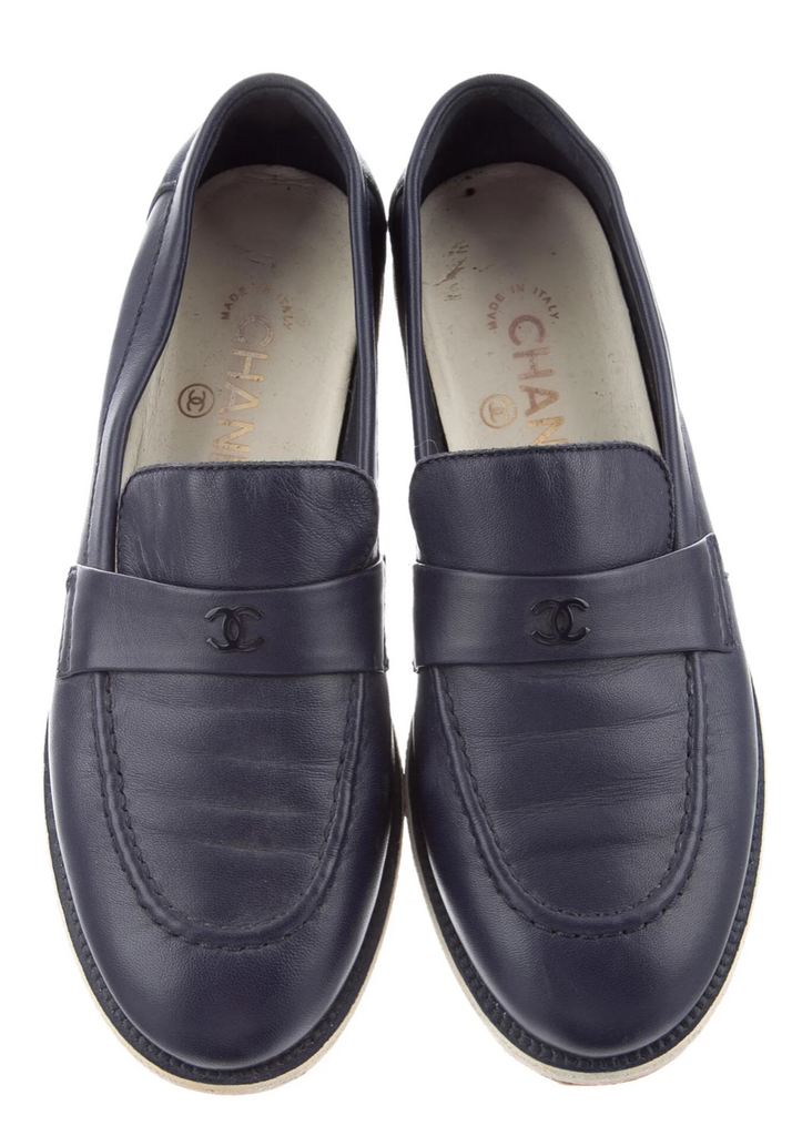 CHANEL Navy Blue Interlocking CC Logo Leather Loafers Shoes Flats
