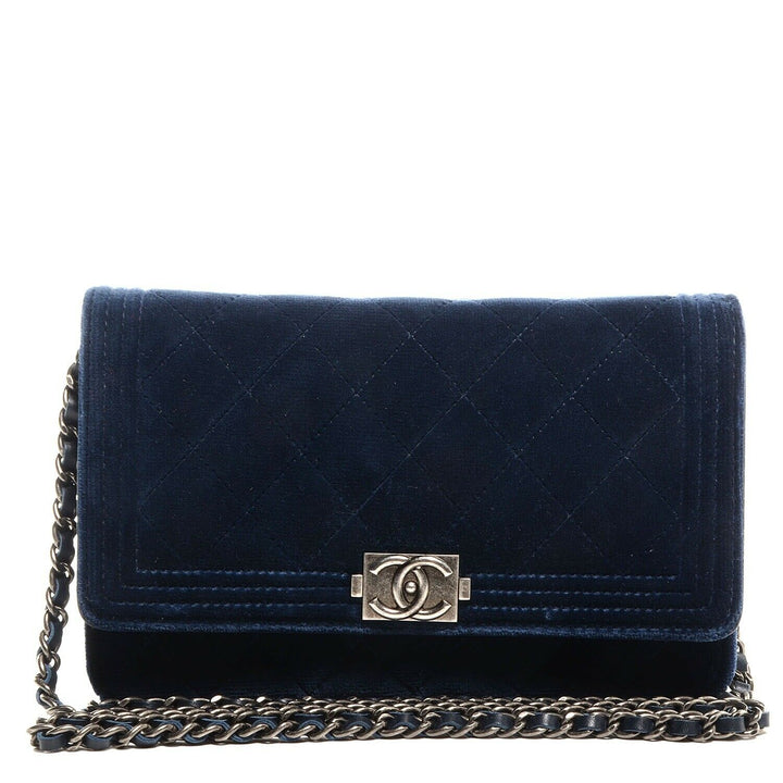 Chanel Velvet Quilted Boy Wallet On Chain WOC Navy Blue Bag Handbag Rare ladies