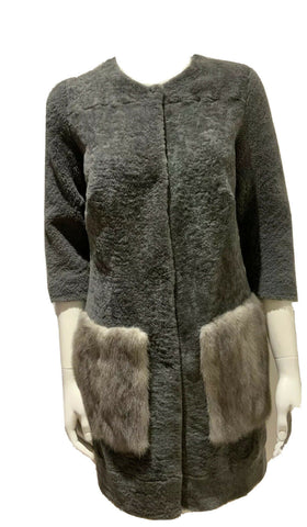 Grey shearling coat with grey mink pockets fur Size XS ladies