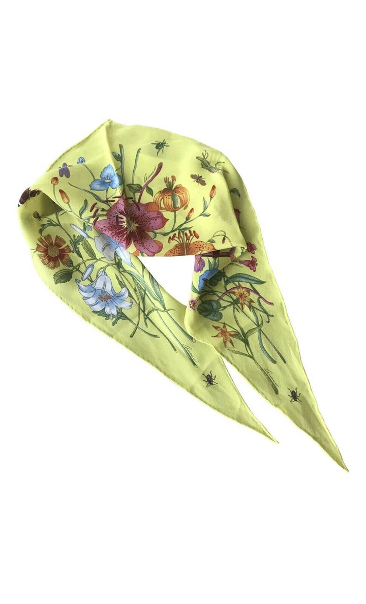 GUCCI Yellow Floral Print Silk Scarf Shawl Neckerchief Amazing Ladies