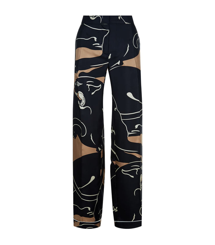 VALENTINO Silk Panther-Print Wide-Leg Trousers in Black Beige 2018 SIZE XS Ladies