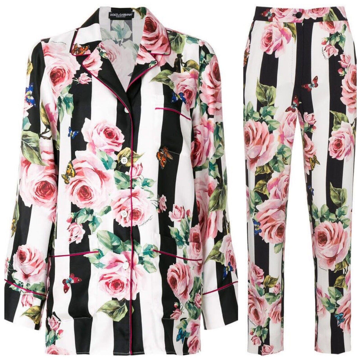 Dolce & Gabbana striped rose print pyjamas set suit Size I 42 UK 10 US 6 ladies