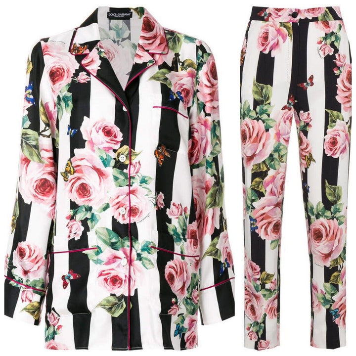 Dolce & Gabbana striped rose print pyjamas set suit Size I 42 UK 10 US 6 ladies
