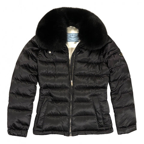 Prada nylon piuma jacket black fox fur collar puffer Size I 42 UK 10 US 6 ladies