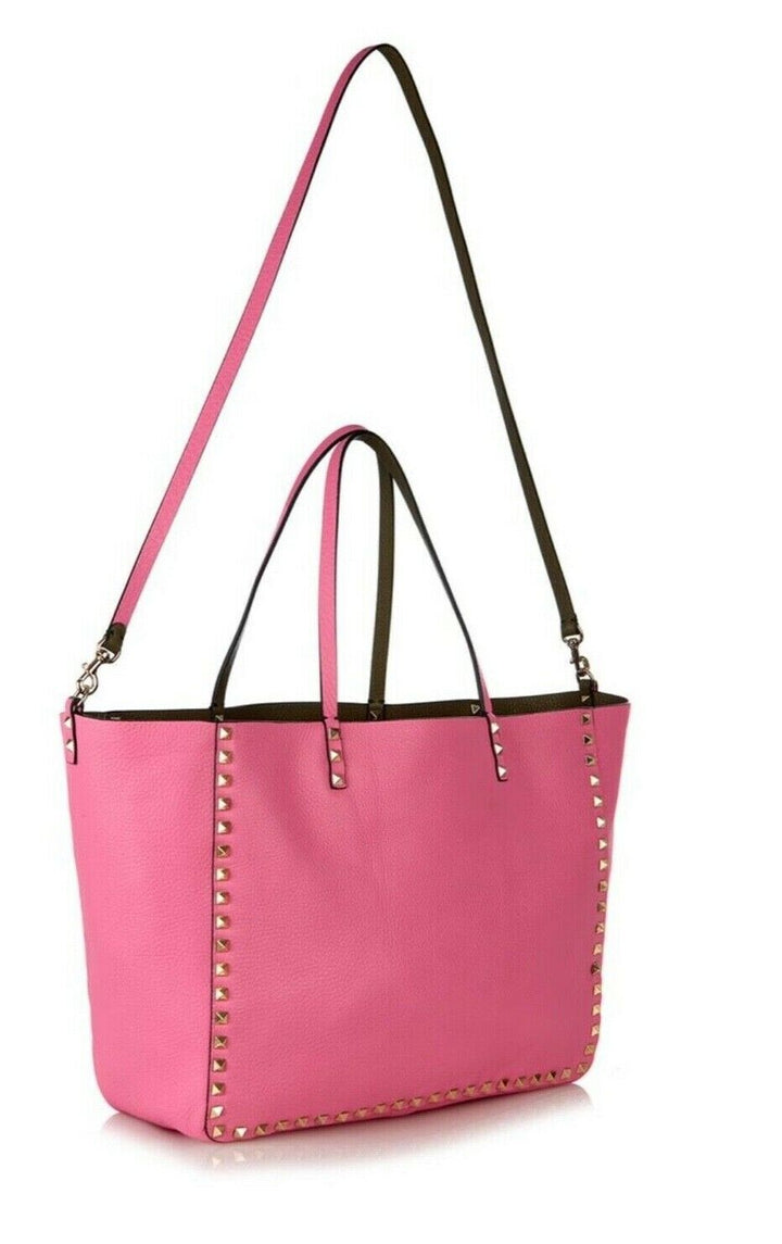 Valentino Calfskin Rockstud Double Medium Reversible Tote Pink Khaki Bag ladies