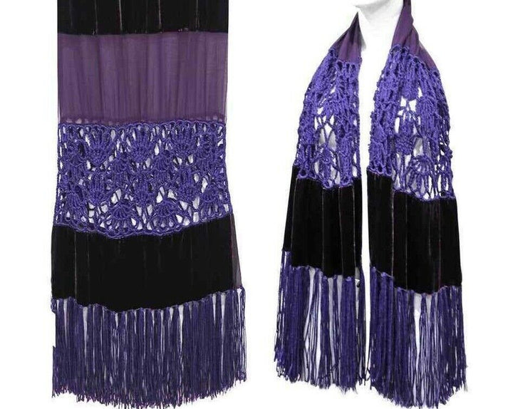 Giorgio Armani 1990's extra long velvet crochet and chiffon silk scarf shawl ladies