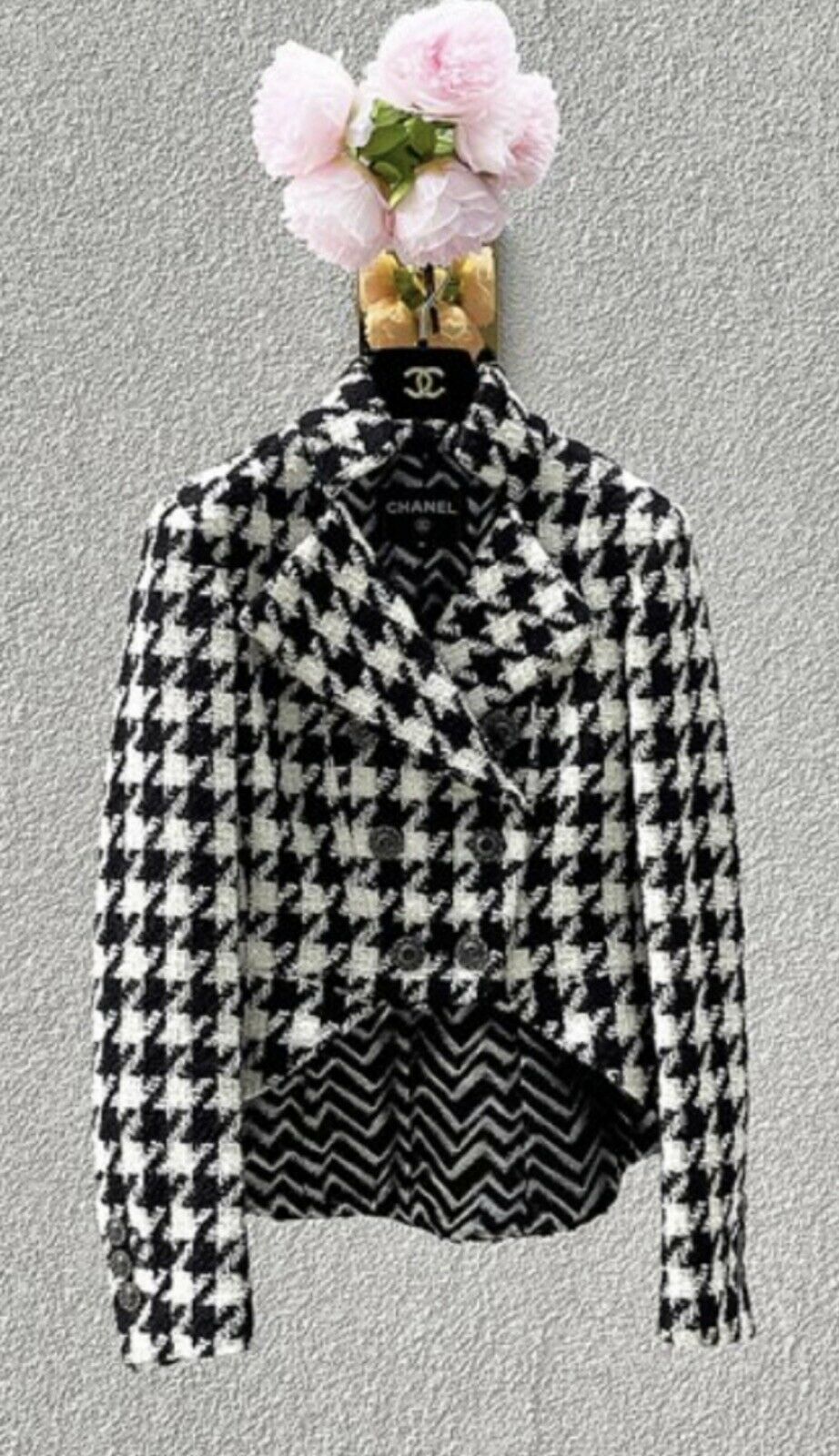 Chanel 2019 Houndstooth Cropped Wool Blazer Jacket Size F 44 ladies