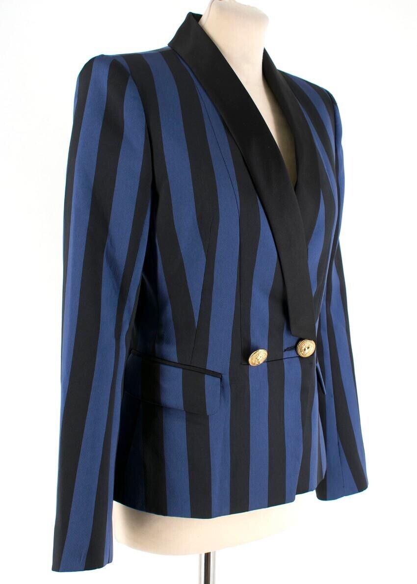 Balmain Blue & Black Striped Satin Blazer Jacket Size F 38 M medium ladies
