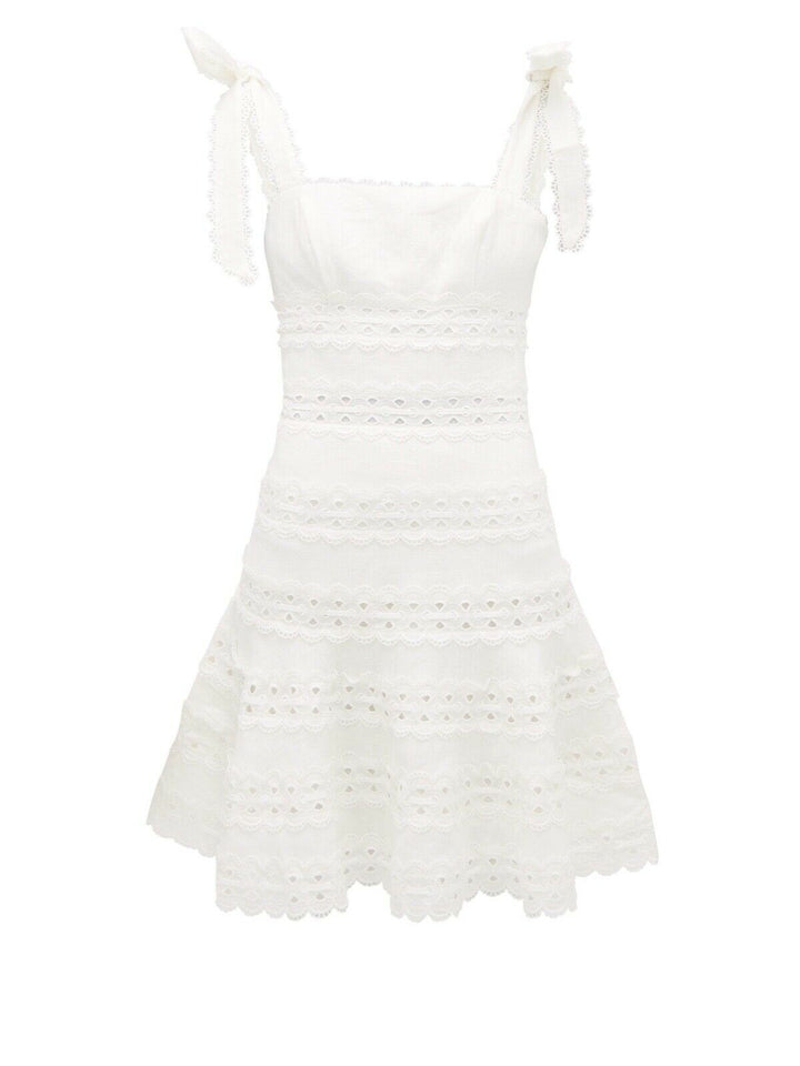 ZIMMERMANN 2021 Kirra Bow Tie Broderie Angles Linen Mini Dress Size 2 ladies