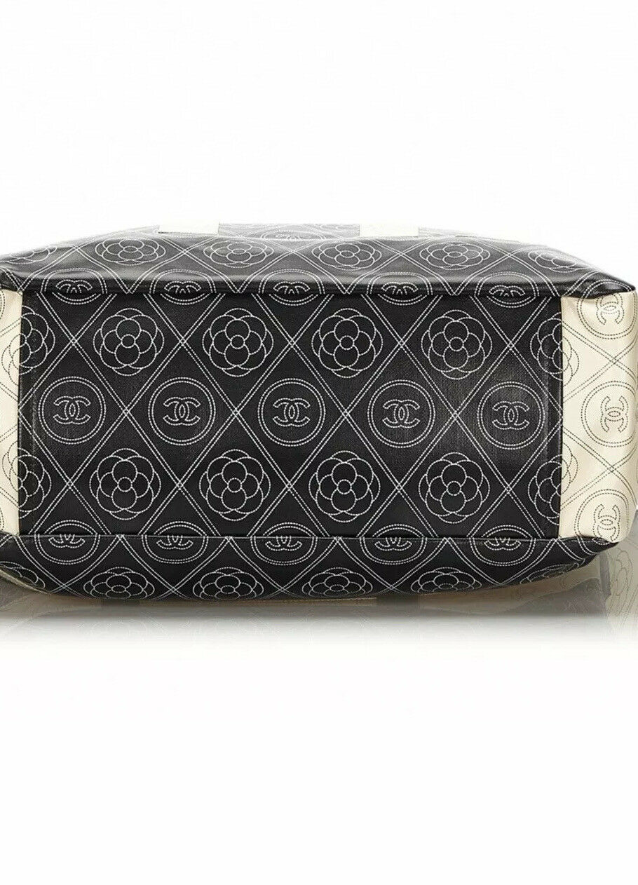 CHANEL Coated Canvas Camellia Printed Deauville CC Logo Chain Shopping Tote Bag ladies